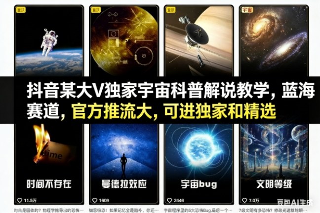抖音某大V独家宇宙科普解说教学,蓝海赛道,官方推流大,可进独家和精选-站长V课