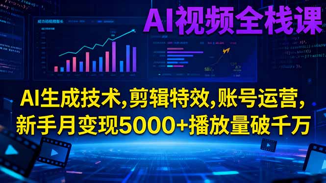 AI视频全栈课:AI生成技术,剪辑特效,账号运营,新手月变现5000+播放量破千万-站长V课