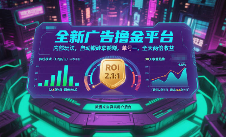 全新广告撸金平台,内部玩法,自动搬砖拿躺賺,单号一天保底2张+,全天两倍收益【揭秘】-站长V课