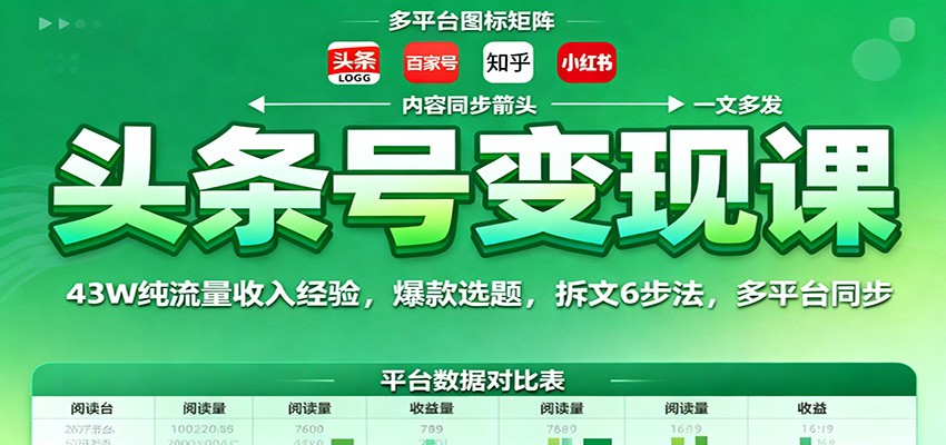 头条号变现课：43W纯流量收入经验，爆款选题，拆文6步法，多平台同步-站长V课