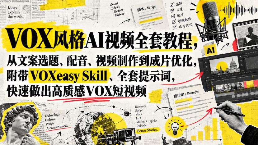 VOX风格AI视频全套教程,从文案选题、配音、视频制作到成片优化,附带VOXeasy Skill、全套提示词,快速做出高质感VOX短视频-站长V课