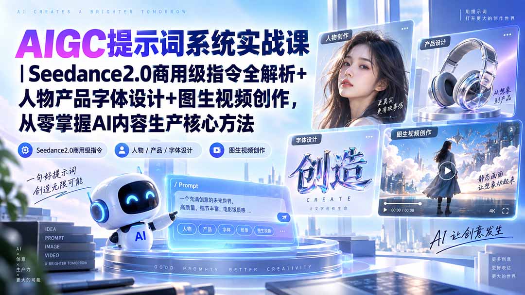 AIGC提示词系统实战课-无水印｜Seedance2.0商用级指令全解析+人物产品字体设计+图生视频创作，掌握AI内容生产方法-站长V课