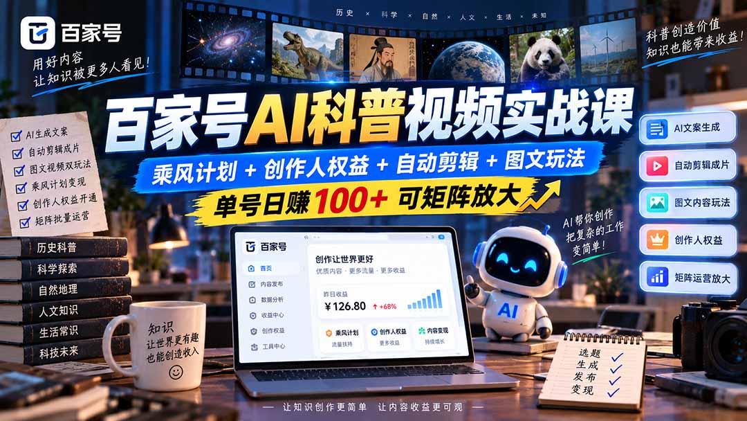 百家号AI科普视频实战课：乘风计划+创作人权益+自动剪辑+图文玩法，单号日赚100+可矩阵放大-站长V课