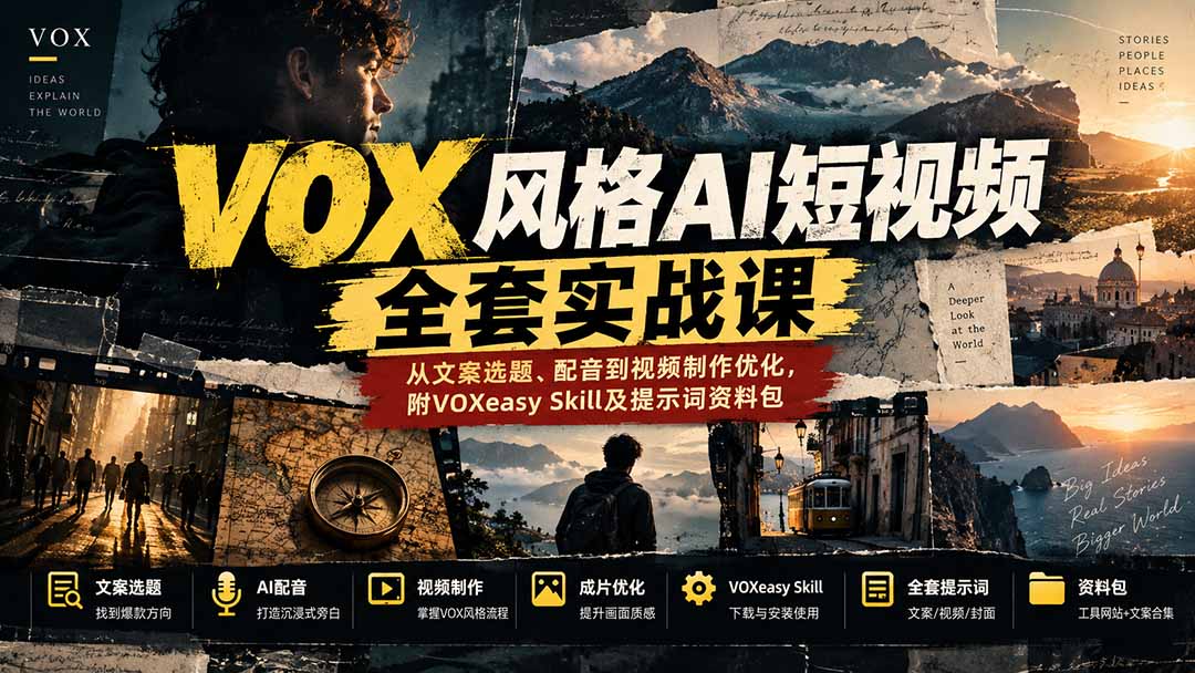 【无水印】VOX风格AI短视频全套实战课:从文案选题、配音到视频制作优化,附VOXeasy Skill及提示词资料包-站长V课