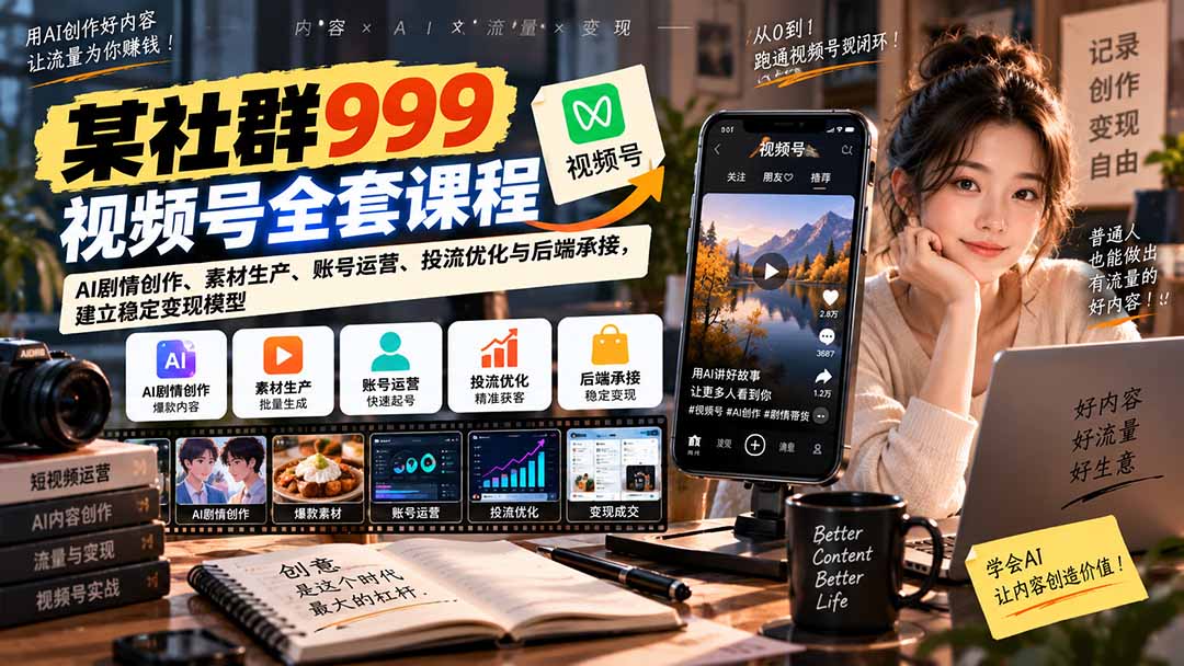 【无水印】某社群999视频号全套课程：AI剧情创作、素材生产、账号运营、投流优化与后端承接，建立稳定变现模型-站长V课