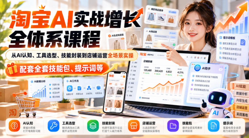 淘宝AI实战增长全体系课程,从AI认知、工具选型、技能封装到店铺运营全场景实操,配套全套技能包、提示词等-站长V课