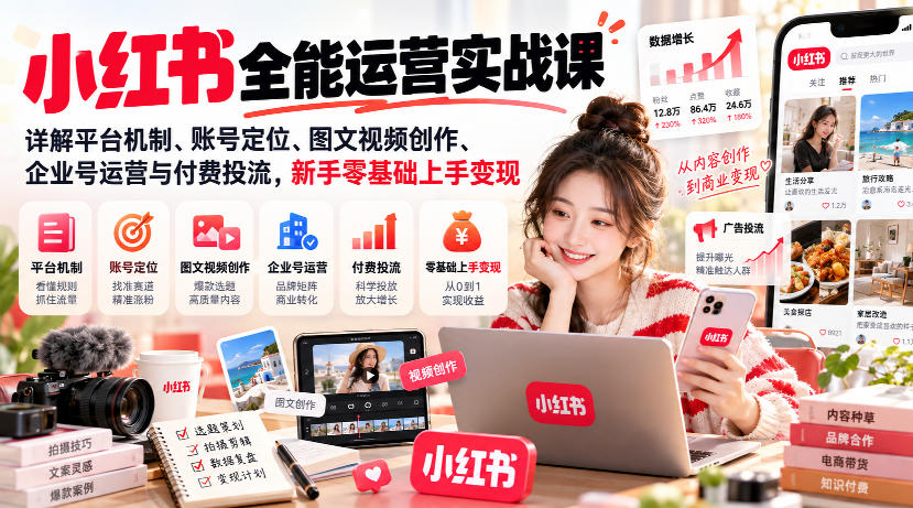 小红书全能运营实战课,详解平台机制、账号定位、图文视频创作、企业号运营与付费投流,新手零基础上手变现-站长V课
