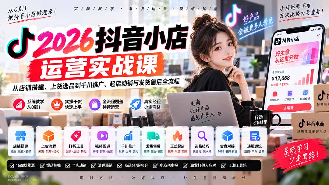 2026抖音小店运营实战课｜从店铺搭建、上货选品到千川推广、起店动销与发货售后全流程-站长V课