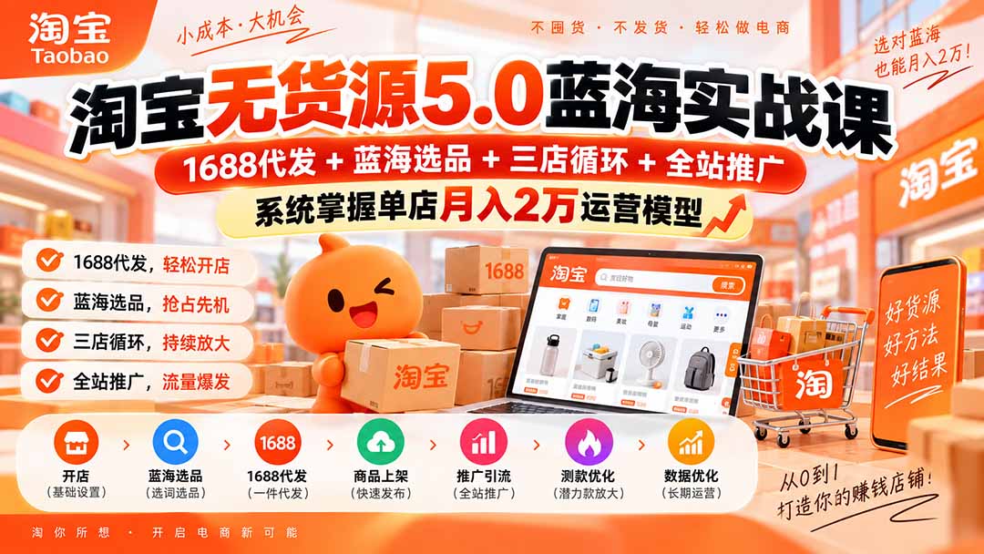 淘宝无货源5.0蓝海实战课-更新0927：1688代发+蓝海选品+三店循环+全站推广，系统掌握单店月入2万运营模型-站长V课
