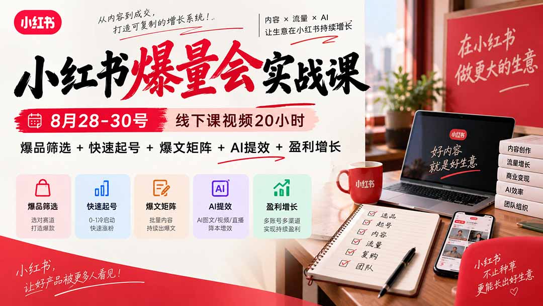 小红书爆量会实战课-更新9月23:线下课视频20小时,爆品筛选+快速起号+爆文矩阵+AI提效+盈利增长-站长V课