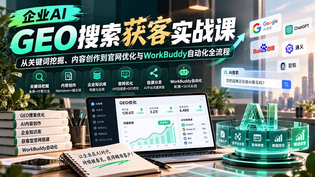 企业AI GEO搜索获客实战课:从关键词挖掘、内容创作到官网优化与WorkBuddy自动化全流程-站长V课