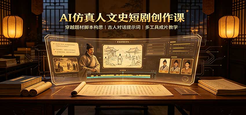 AI仿真人文史短剧创作课:穿越题材脚本构思,古人对话提示词,多工具成片教学-站长V课