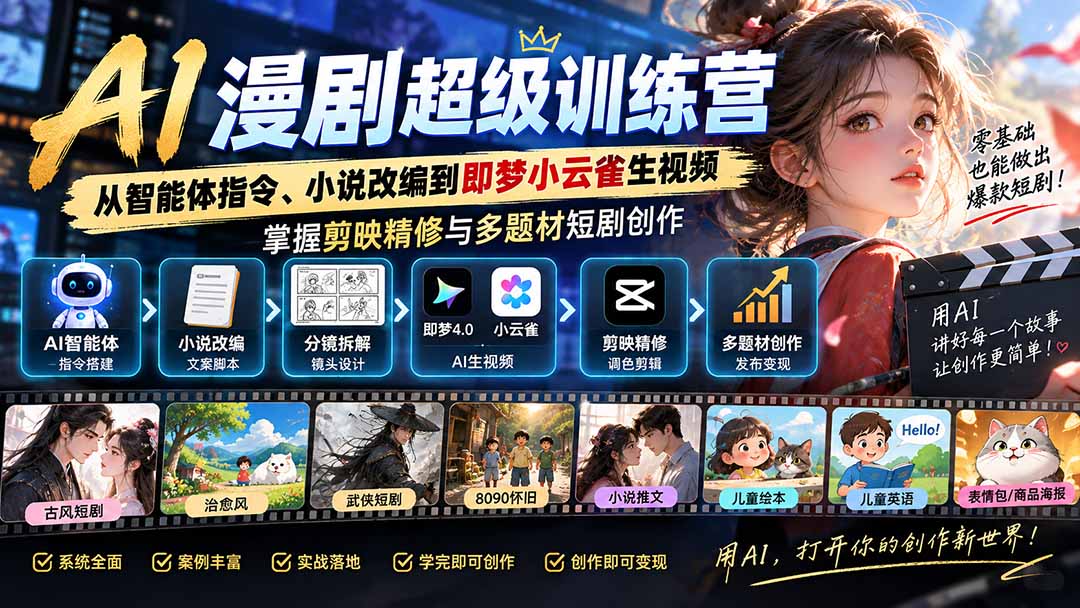 AI漫剧超级特训营:从智能体指令、小说改编到即梦小云雀生视频,掌握剪映精修与多题材短剧创作-站长V课