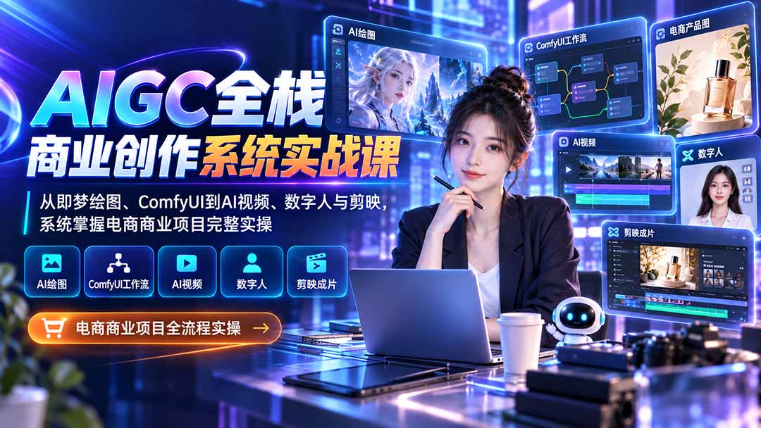 AIGC全栈商业创作系统实战课-无水印：从即梦绘图、ComfyUI到AI视频、数字人与剪映，系统掌握电商商业项目完整实操-站长V课