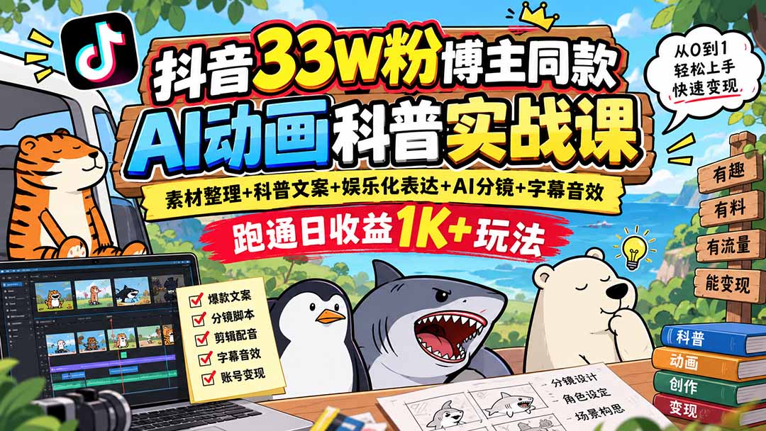 抖音33W粉博主同款AI动画科普实战课|素材整理+科普文案+娱乐化表达+AI分镜+字幕音效,跑通日收益1K+玩法-站长V课