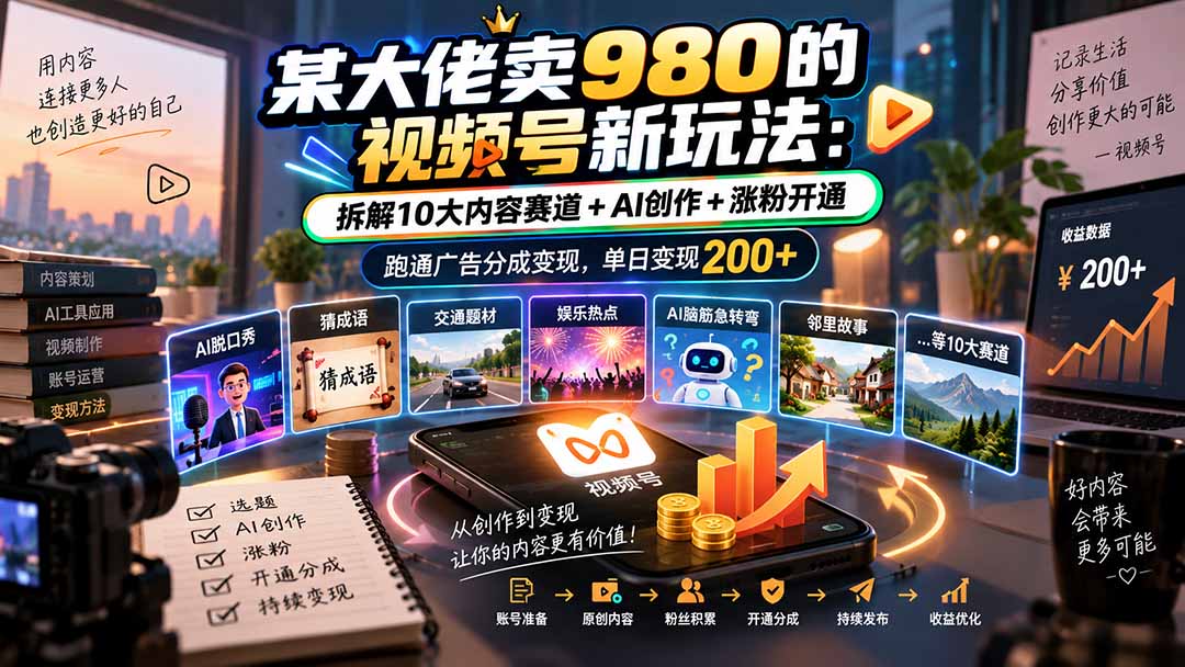 某大佬卖980的视频号新玩法：拆解10大内容赛道+AI创作+涨粉开通，跑通广告分成变现，单日变现200+-站长V课