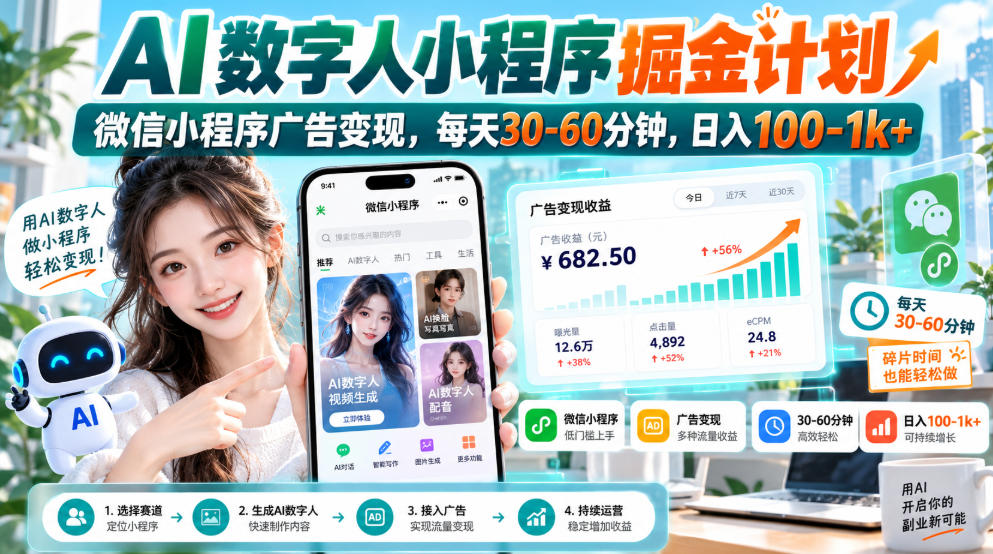 【无水印】AI数字人小程序掘金计划,微信小程序广告变现,每天30‑60分钟,日入100‑1k+-站长V课