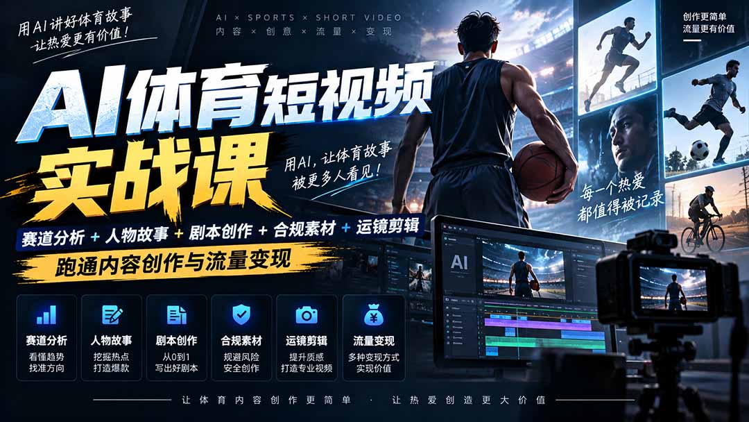 AI体育短视频赛道顶级玩法|赛道分析+人物故事+剧本创作+版权处理+运镜剪辑,跑通流量变现-日赚1K+-站长V课