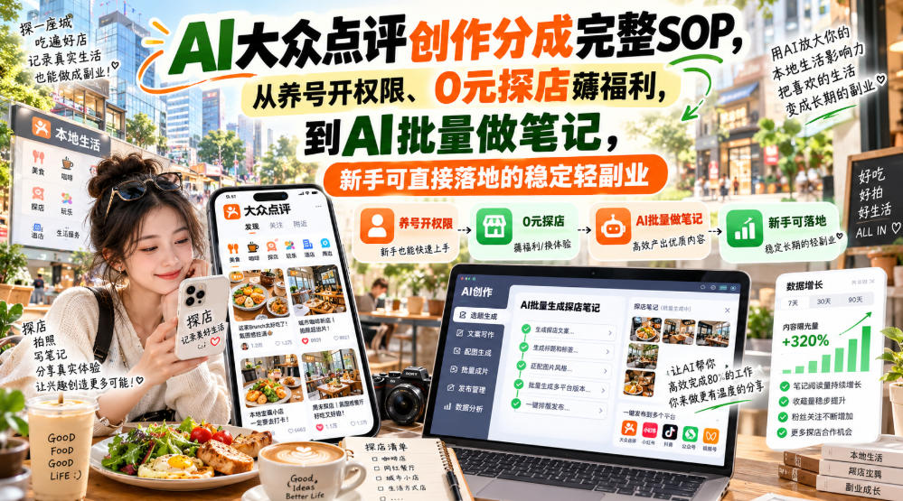 【无水印】AI大众点评创作分成完整SOP，从养号开权限、0元探店薅福利，到AI批量做笔记，新手可直接落地的稳定轻副业-站长V课