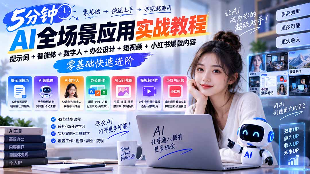 AI全场景应用实战教程|提示词+智能体+数字人+办公设计+短视频+小红书爆款内容,零基础快速进阶-站长V课