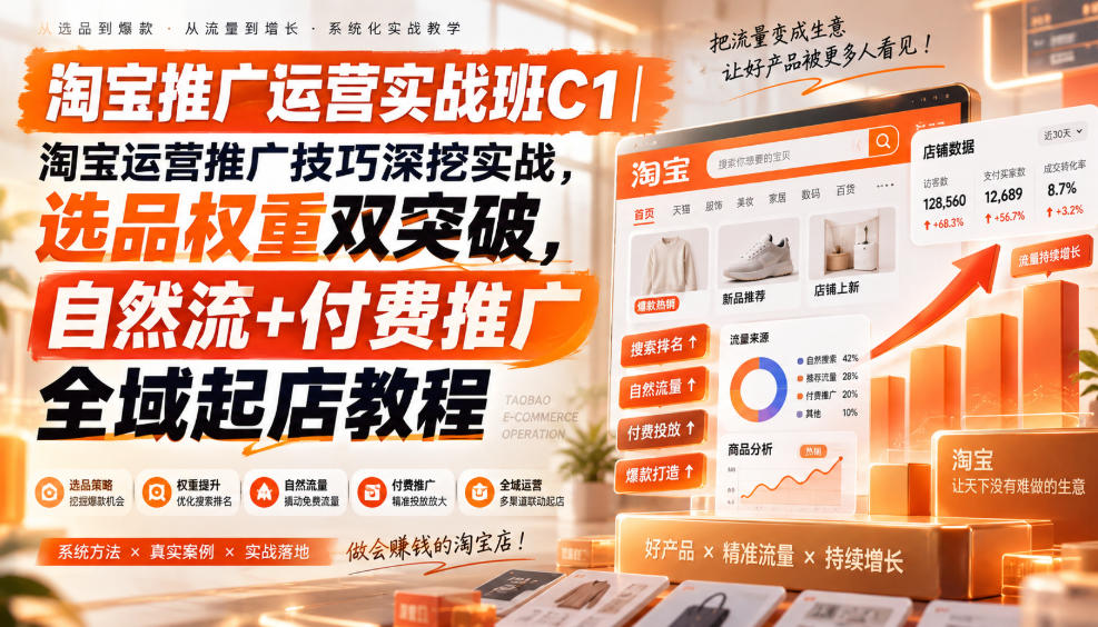 淘宝推广运营实战班C1|淘宝运营推广技巧深挖实战,选品权重双突破,自然流+付费推广全域起店教程-站长V课