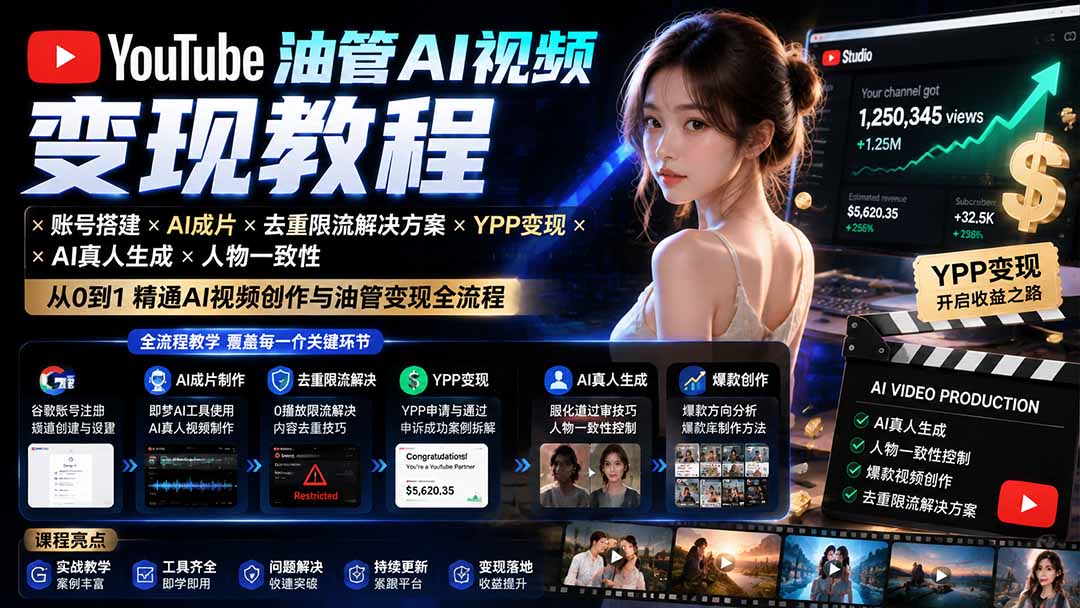YouTube油管AI视频变现教程-更新0926:账号搭建×AI成片×去重限流解决方案×YPP变现×AI真人生成×人物一致性-站长V课