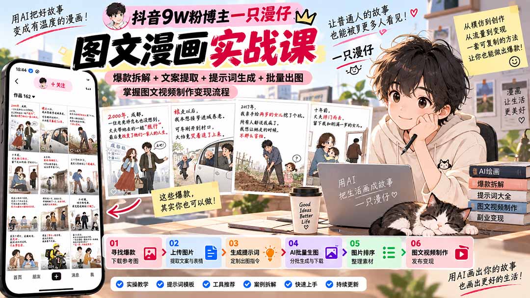 抖音9W粉博主一只漫仔图文漫画课：爆款拆解+文案提取+提示词生成+批量出图，掌握图文视频制作变现流程-站长V课