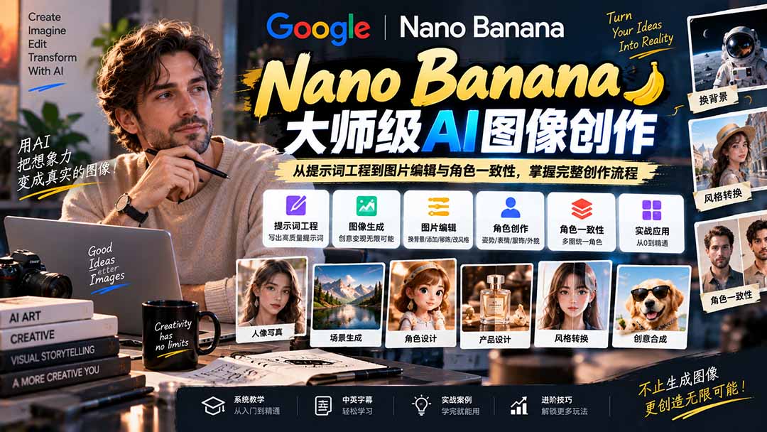 【无水印】Nano Banana大师级AI图像实战课：从提示词工程到图片编辑与角色一致性，掌握完整创作流程-站长V课