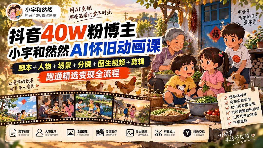抖音40W粉博主小宇和然然AI怀旧动画课｜脚本+人物+场景+分镜+图生视频+剪辑，跑通精选变现全流程-站长V课