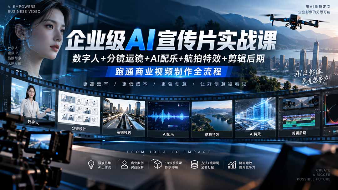 企业级AI宣传片实战课|数字人+分镜运镜+AI配乐+航拍特效+剪辑后期,跑通商业视频制作全流程-站长V课