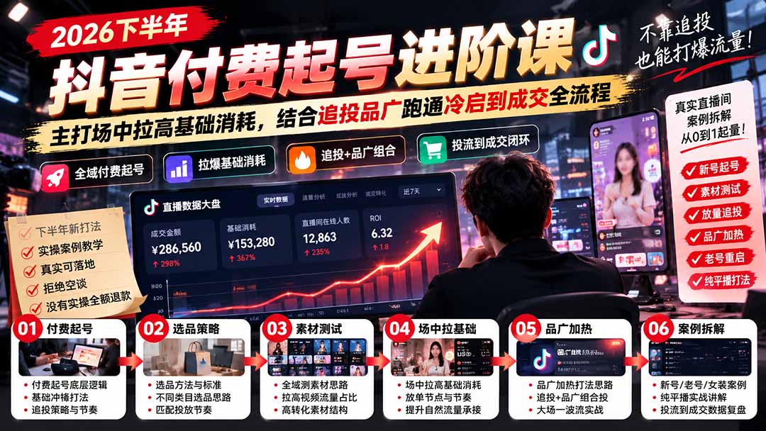 2026下半年抖音付费起号进阶课:主打场中拉高基础消耗,结合追投品广跑通冷启到成交全流程-站长V课