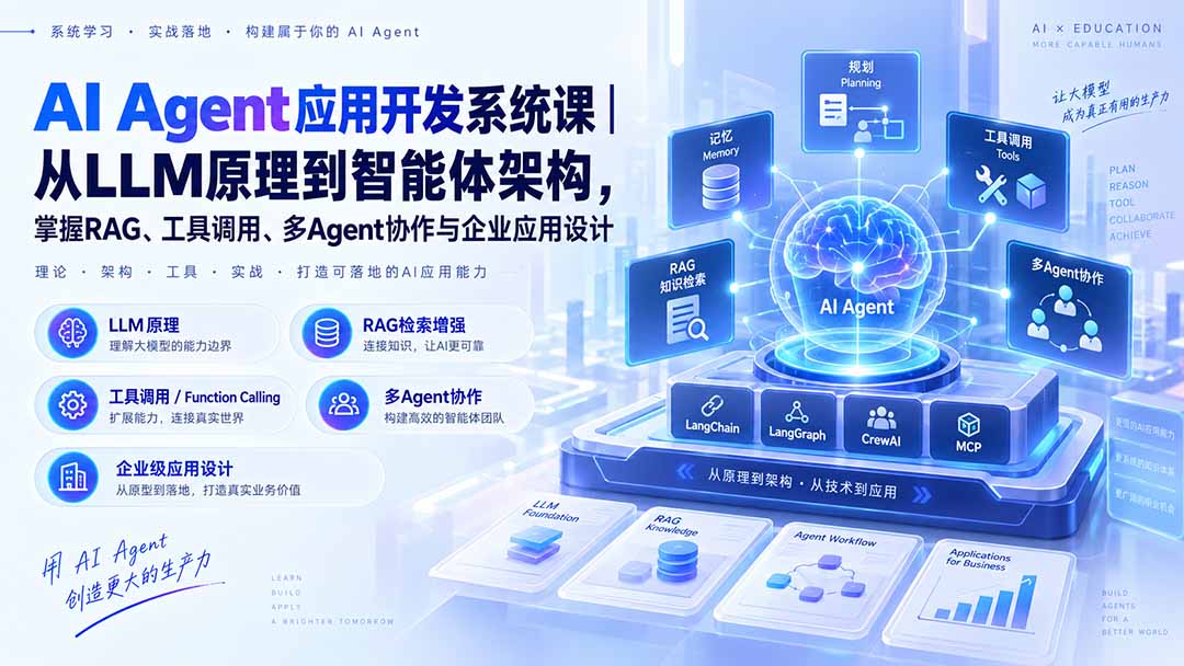 AI Agent应用开发系统课-179节|从LLM原理到智能体架构,掌握RAG、工具调用、多Agent协作与企业应用设计-站长V课