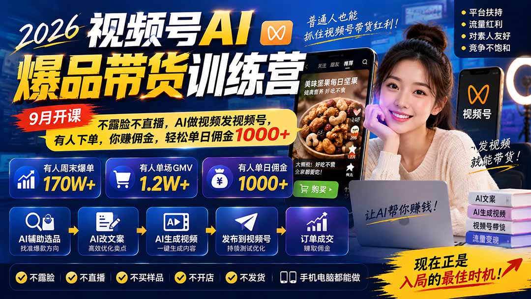 2026视频号AI爆品带货训练营-9月开课｜不露脸不直播，AI做视频发视频号，有人下单，你赚佣金，轻松单日佣金1000+-站长V课