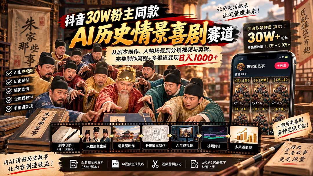 抖音30W粉博主同款AI历史情景喜剧赛道：从剧本创作、人物场景到分镜视频与剪辑，完整制作流程+多渠道变现日入1000+-站长V课