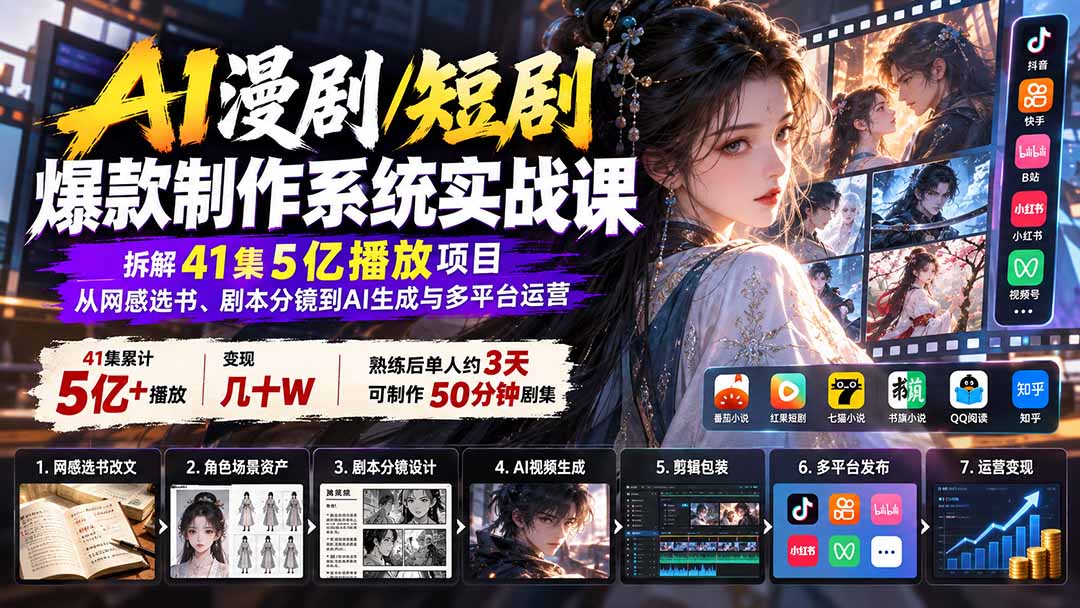 AI漫剧/短剧爆款制作系统实战课:拆解41集5亿播放项目,从网感选书、剧本分镜到AI生成与多平台运营-站长V课
