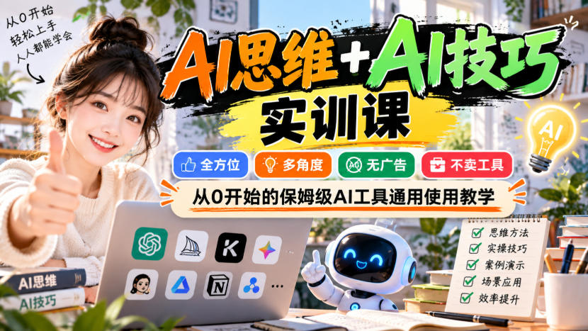 【无水印】AI思维+AI技巧实训课,全方位、多角度、无广告、不卖工具,从0开始的保姆级AI工具通用使用教学-站长V课