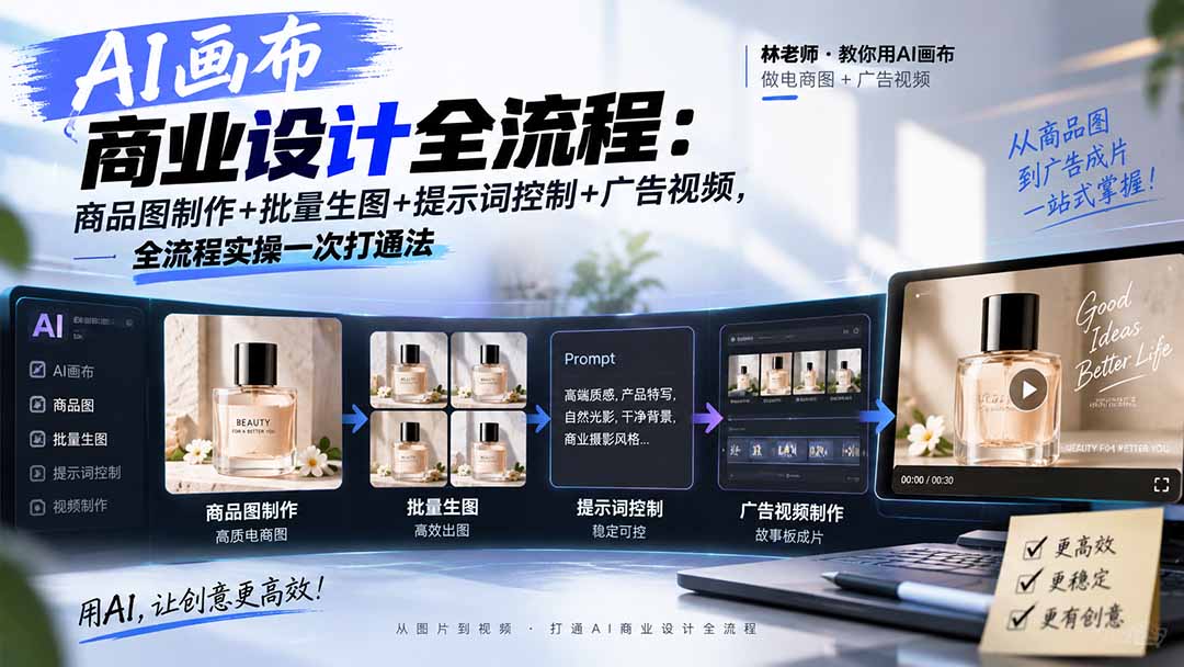 AI画布商业设计全流程：商品图制作+批量生图+提示词控制+广告视频，全流程实操一次打通法-站长V课