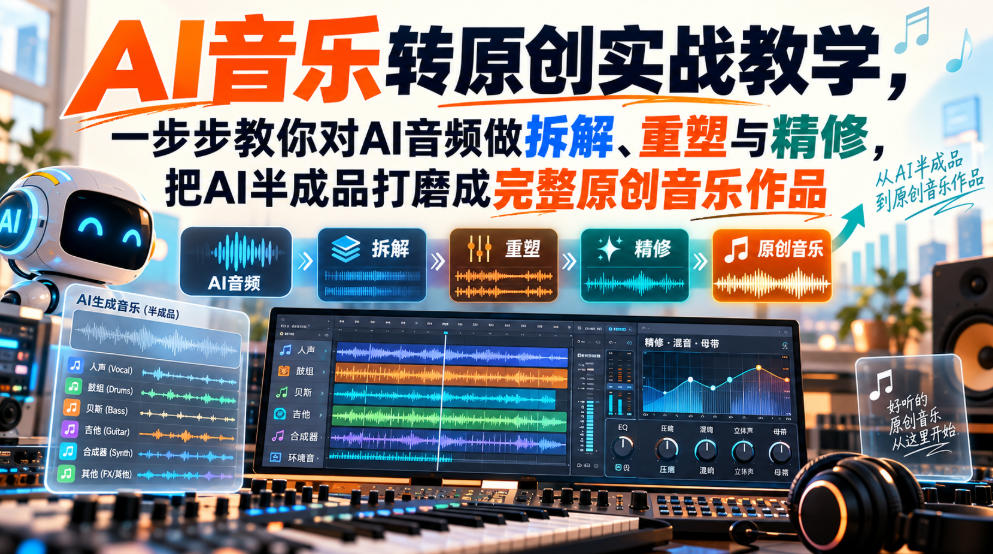 AI音乐转原创实战教学,一步步教你对AI音频做拆解、重塑与精修,把AI半成品打磨成完整原创音乐作品-站长V课