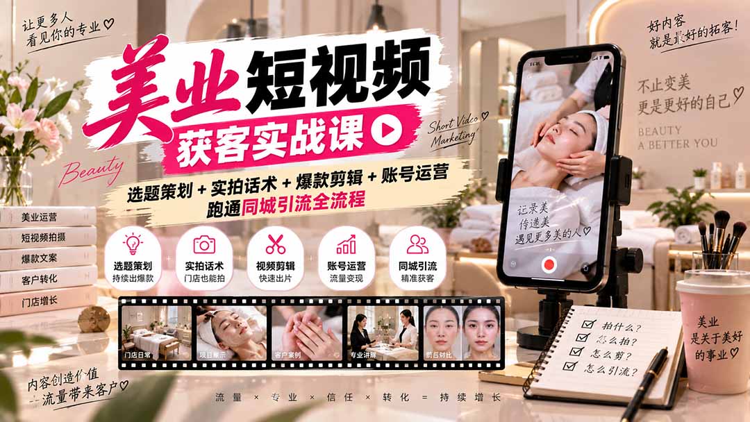美业短视频获客实战课-无水印：选题策划+实拍话术+爆款剪辑+账号运营，跑通同城引流全流程-站长V课