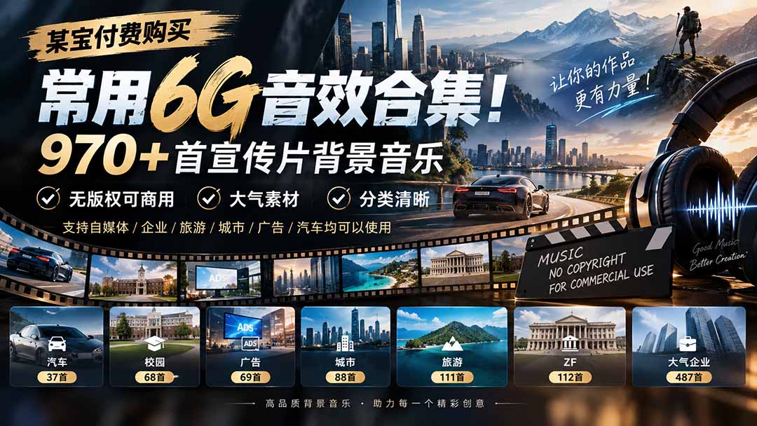 某宝付费购买，常用6G音效合集！970+首宣传片背景音乐，无版权可商用大气素材，分类清晰-站长V课