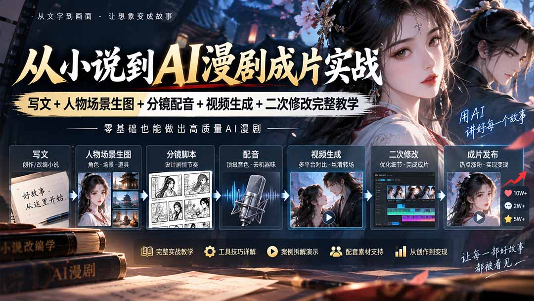 从小说到AI漫剧成片实战：写文+人物场景生图+分镜配音+视频生成+二次修改完整教学-站长V课