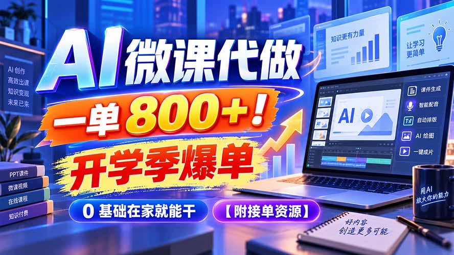 AI 微课代做，一单 800+！开学季爆单，0 基础在家就能干【附接单资源】-站长V课