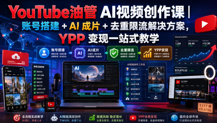 YouTube油管AI视频创作课|账号搭建+AI成片+去重限流解决方案,YPP变现一站式教学(更新0925)-站长V课