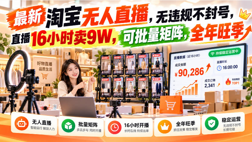 最新淘宝无人直播，无违规不封号，直播16小时卖9W，可批量矩阵，全年旺季【揭秘】-站长V课
