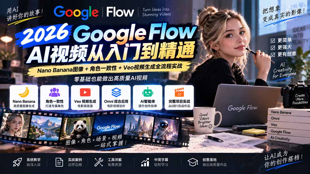【无水印】Google Flow AI视频从入门到精通：Nano Banana图像+角色一致性+Veo视频生成全流程实战-精翻中英字幕-站长V课