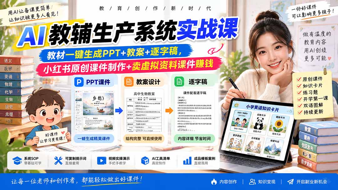AI教辅生产系统实战课|教材一键生成PPT+教案+逐字稿,小红书原创课件制作+卖虚拟资料课件赚钱-站长V课