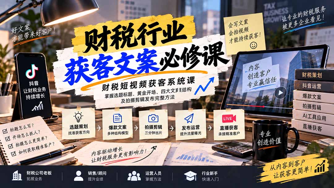 财税短视频获客系统课：掌握选题标题、黄金开场、四大文案结构及拍摄剪辑发布完整方法-站长V课