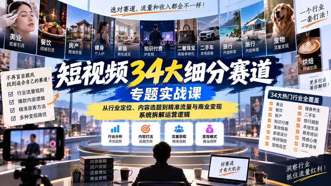 短视频34大细分赛道专题实战课：从行业定位、内容选题到精准流量与商业变现，系统拆解运营逻辑-站长V课