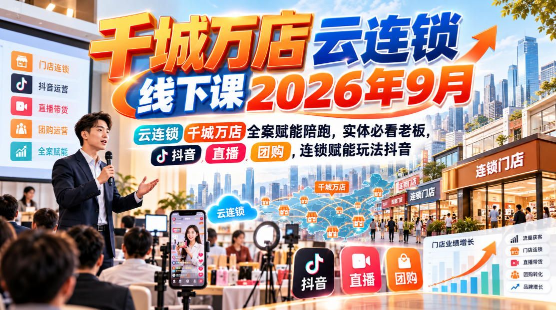 千城万店云连锁线下课2026年9月，云连锁千城万店全案赋能陪跑，实体必看老板，抖音，直播，团购，连锁赋能玩法抖音-站长V课