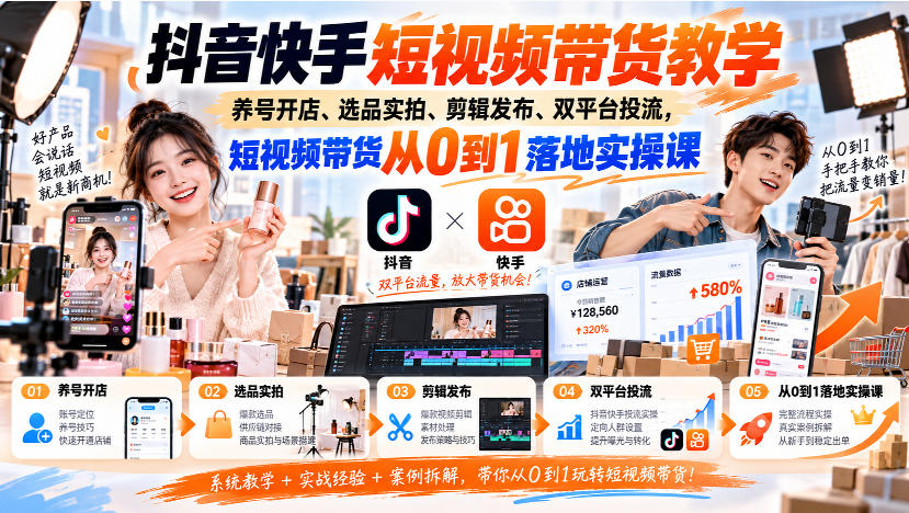 抖音快手短视频带货教学｜养号开店、选品实拍、剪辑发布、双平台投流，短视频带货从0到1落地实操课-站长V课